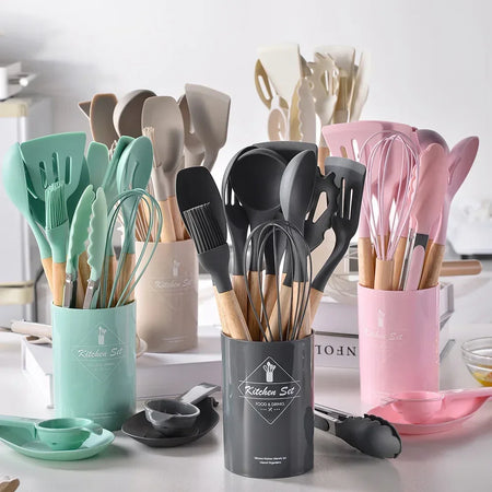 Kit 12 Utensílios em Silicone com Cabo de Madeira + Suporte Organizador FRETE GRATIS