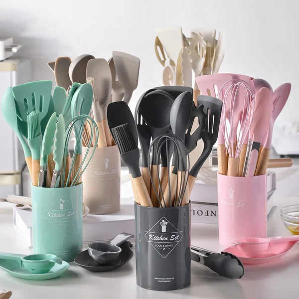 Kit 12 Utensílios em Silicone com Cabo de Madeira + Suporte Organizador FRETE GRATIS