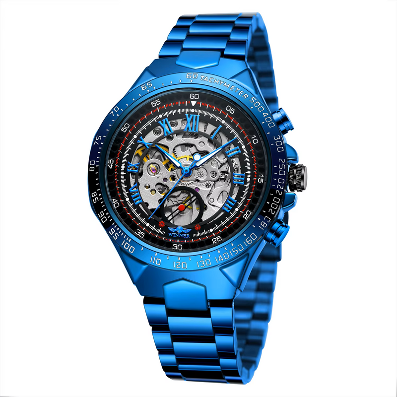 Azure Skeleton™ – Relógio Automático Masculino de Luxo em Aço Azul