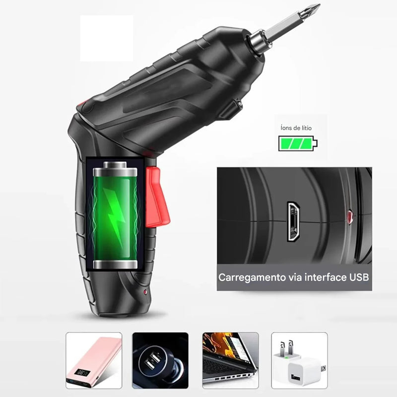 Parafusadeira Elétrica Recarregável Sem Fio com Kit de Brocas – Compacta e Potente + FRETE GRÁTIS