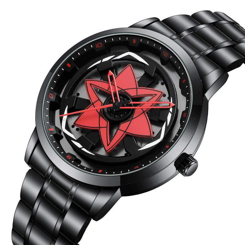 Mangekyo Sharingan™ – Relógio em Aço Preto com Núcleo Rotativo Escarlate