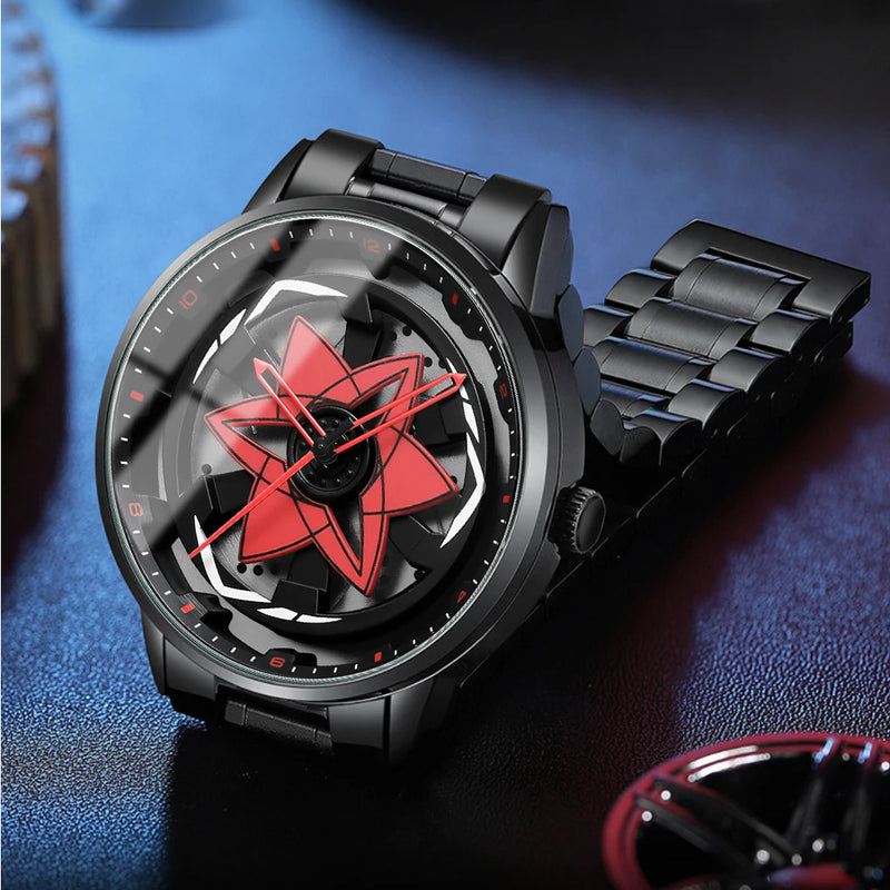 Mangekyo Sharingan™ – Relógio em Aço Preto com Núcleo Rotativo Escarlate