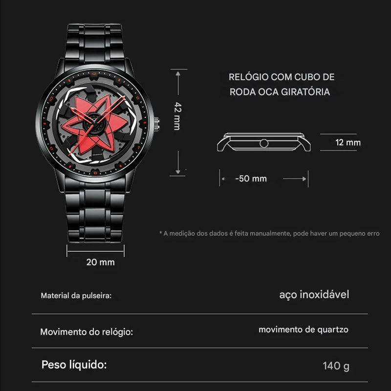 Mangekyo Sharingan™ – Relógio em Aço Preto com Núcleo Rotativo Escarlate