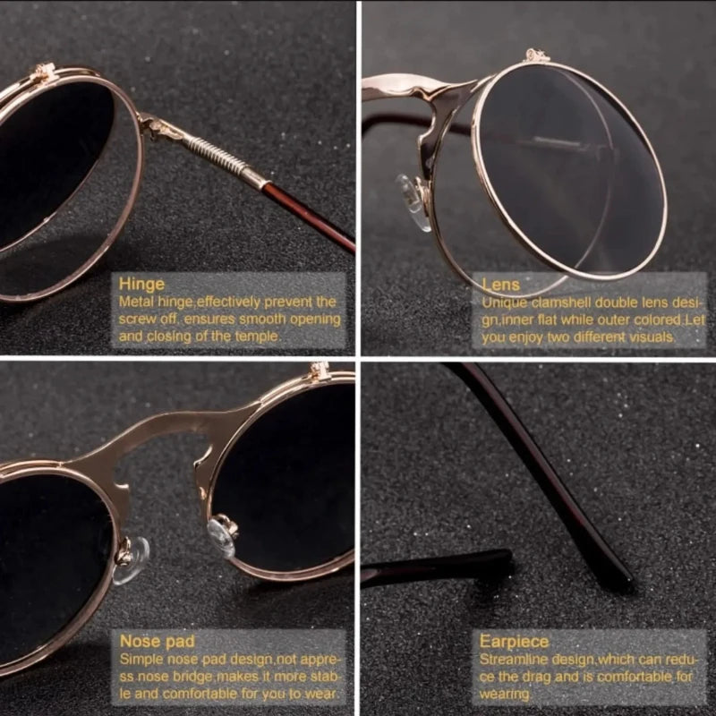 Óculos Lunare™ Steampunk Vintage – Estilo Retrô com Lente Flip Anti-reflexo UV400