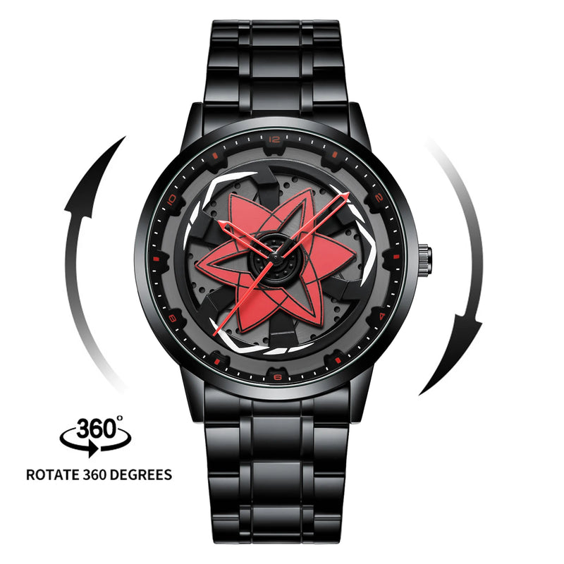 Mangekyo Sharingan™ – Relógio em Aço Preto com Núcleo Rotativo Escarlate