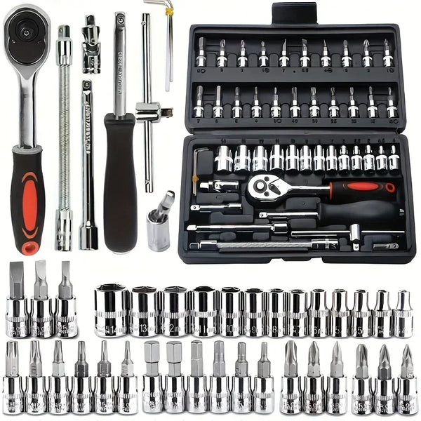 Kit Chave Catraca e Soquetes 46 Peças p/ Moto e Carro + Frete Grátis